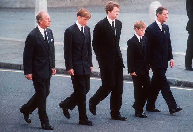 Prince Philip, Prince William, Earl Spencer, Prince Harry and Prince Charles follow the coffin of Diana, Princess of Wales, on Sept. 6, 1997. (Photo: Anwar Hussein via Getty Images)