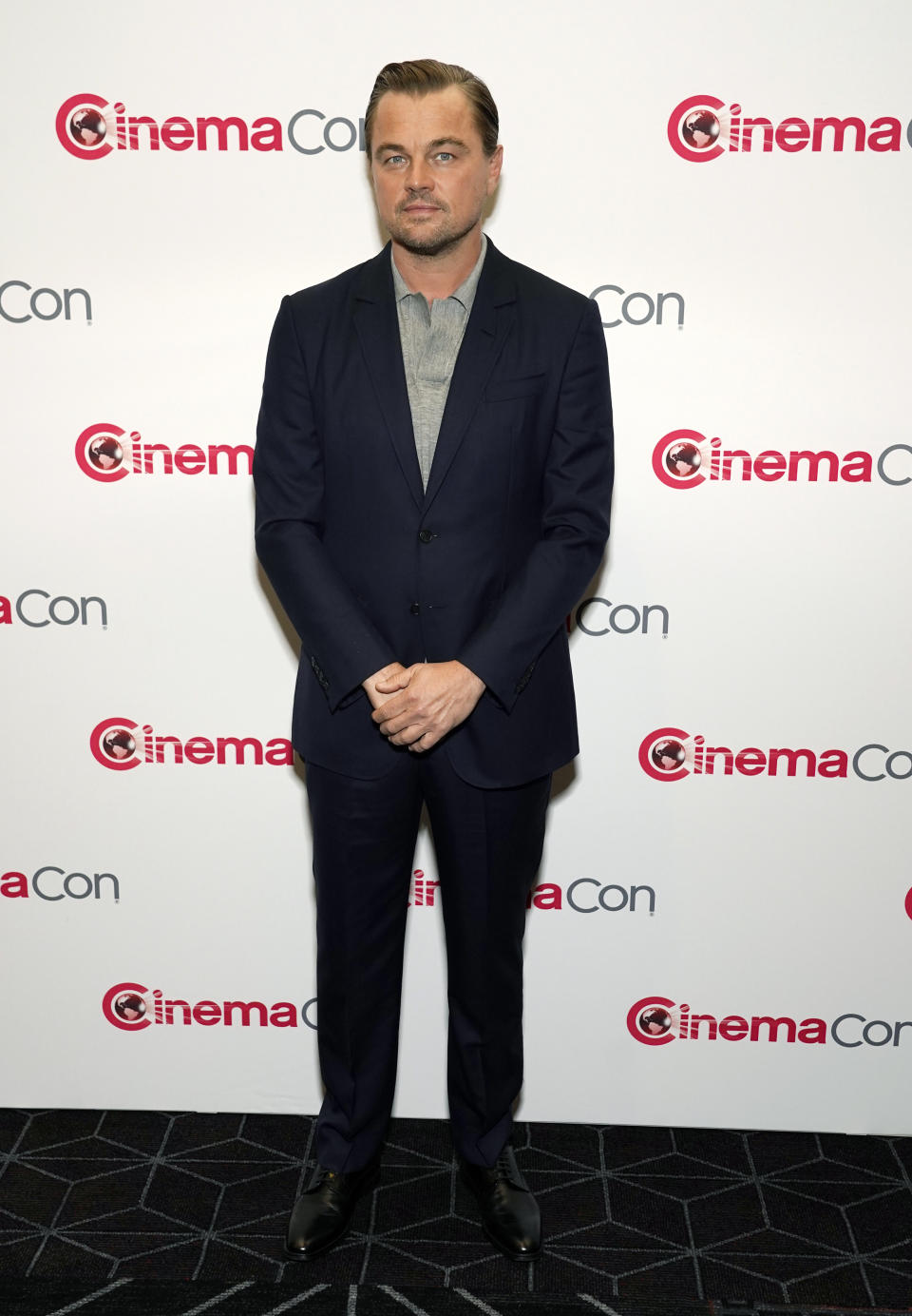 Actor Leonardo DiCaprio poses before the Martin Scorsese "Legend of Cinema" Award Presentation at CinemaCon 2023, the official convention of the National Association of Theatre Owners (NATO) at Caesars Palace, Thursday, April 27, 2023, in Las Vegas. (AP Photo/Chris Pizzello)
