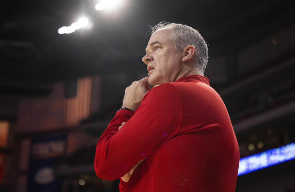 Rutgers head coach Steve Pikiell watches as his team plays against Nebraska during the first half of an NCAA college basketball game, Sunday, March 3, 2024, in Lincoln, Neb. (AP Photo/Rebecca S. Gratz)