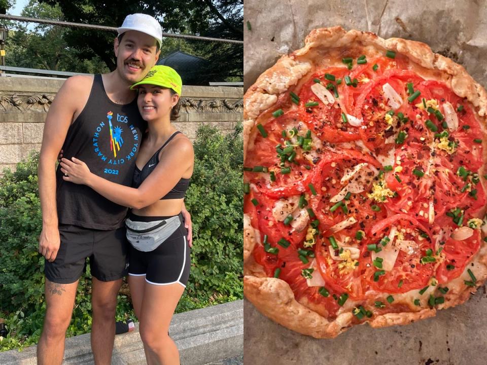 (Left) A couple standing together in running clothes; (Right) a tomato galette.