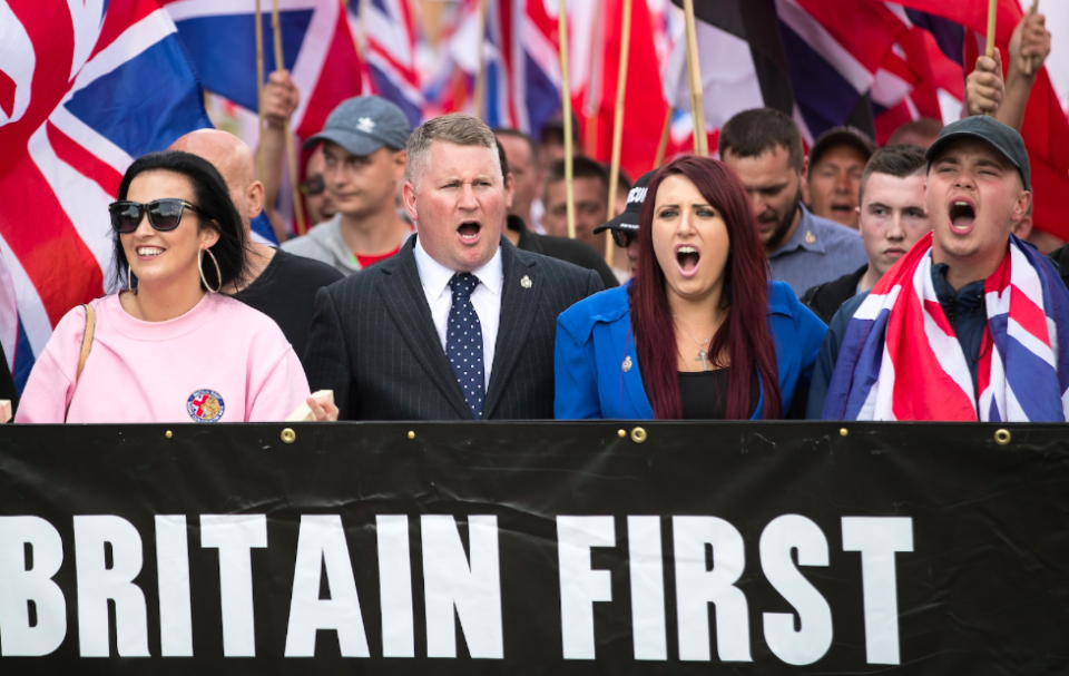 <em>Fransen was charged with using threatening and abusive language at a rally in Belfast (Rex)</em>