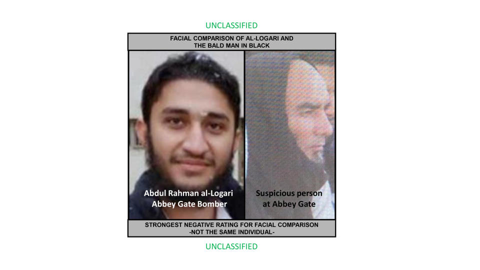 This combination photo shows a an image taken from a sniper team member's camera of the "bald man, in black" right, and a photo of the actual bomber, Islamic State militant Abdul Rahman al-Logari. A review released Monday, April 15, 2024, says the suicide bombing at the Kabul airport that killed U.S. troops and Afghans in August 2021 was not preventable, and the “bald man in black” spotted by U.S. service members the morning of the attack was not the bomber. (U.S. Central Command via AP)