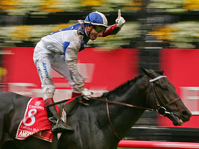 <p>Jockey Gerald Mosse riding Americain celebrates after winning the Melbourne Cup at Flemington Racecourse</p>