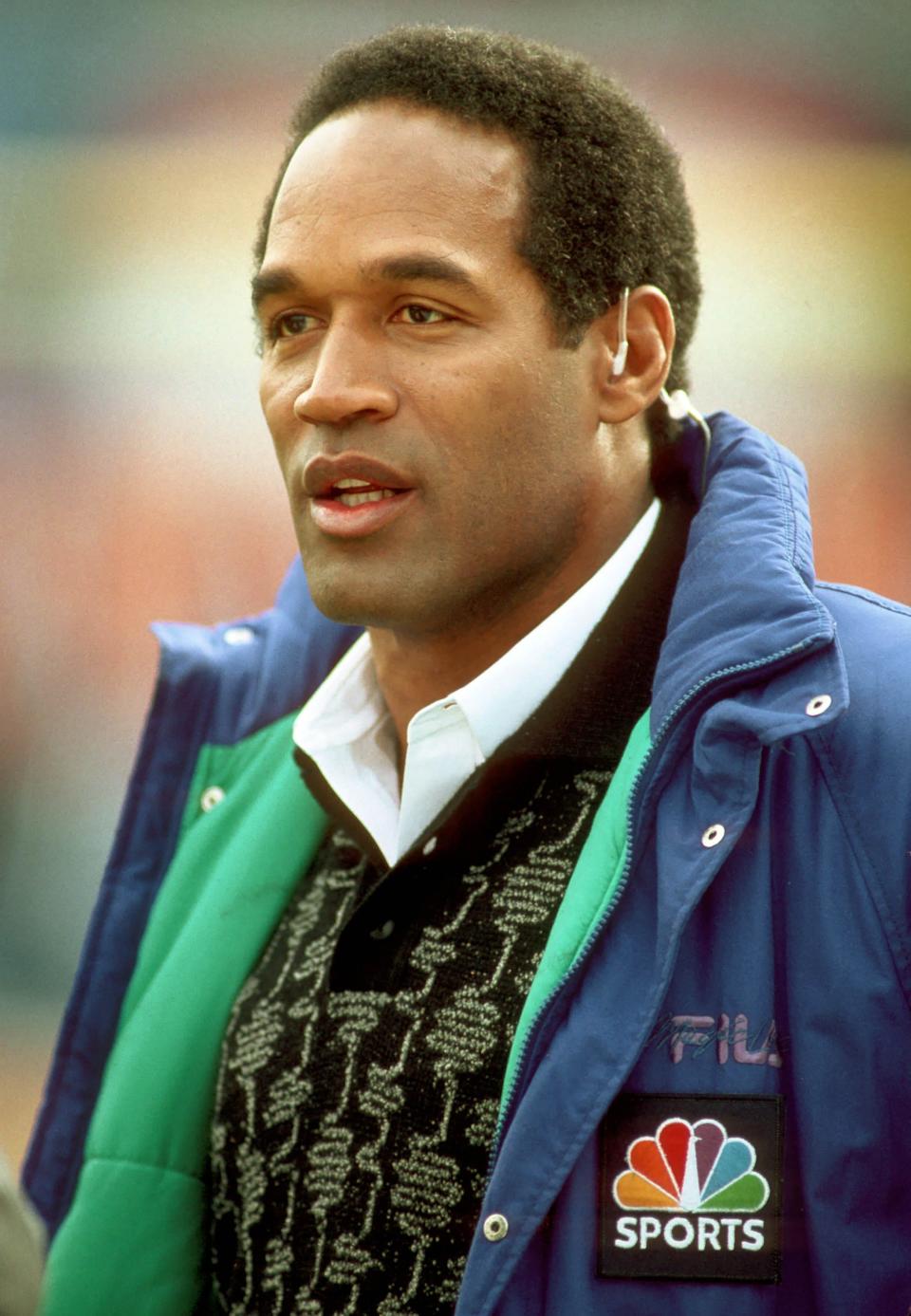 O.J. Simpson, by then a football commentator, prior to the Pittsburgh Steelers-Denver Broncos game on Jan 7, 1990.