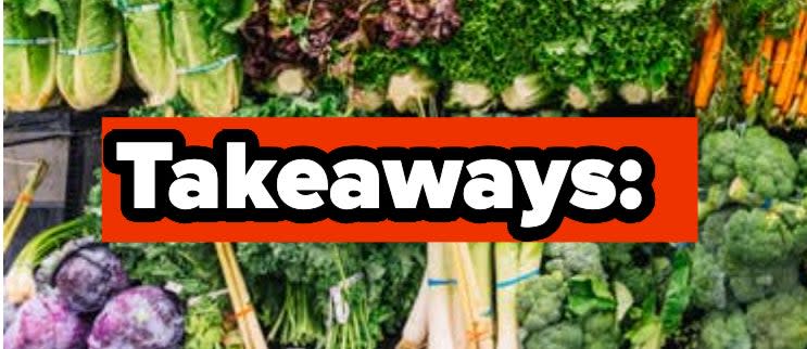 Variety of fresh vegetables on display with a "Takeaways" sign at the bottom