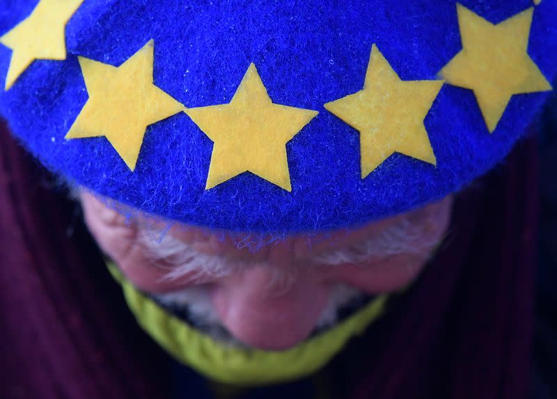 An anti-Brexit demonstrator wearing a beret with the EU flag design on it protests outside of the Houses of Parliament in London