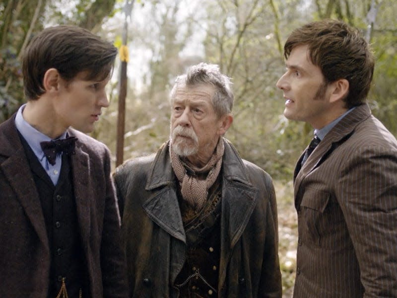 Matt Smith, John Hurt, and David Tennant as three different Doctors in "Doctor Who."