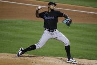 Miami Marlins' Humberto Mejia delivers a pitch during the first inning of a baseball game against the New York Mets Friday, Aug. 7, 2020, in New York. (AP Photo/Frank Franklin II)