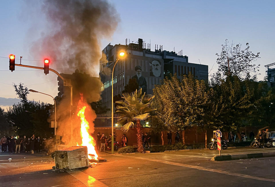 <b>Tehran, Iran</b> People gather during a protest for Mahsa Amin in Tehran, Iran on Sept. 19, 2022.<span class="copyright">Anadolu Agency/Getty Images</span>