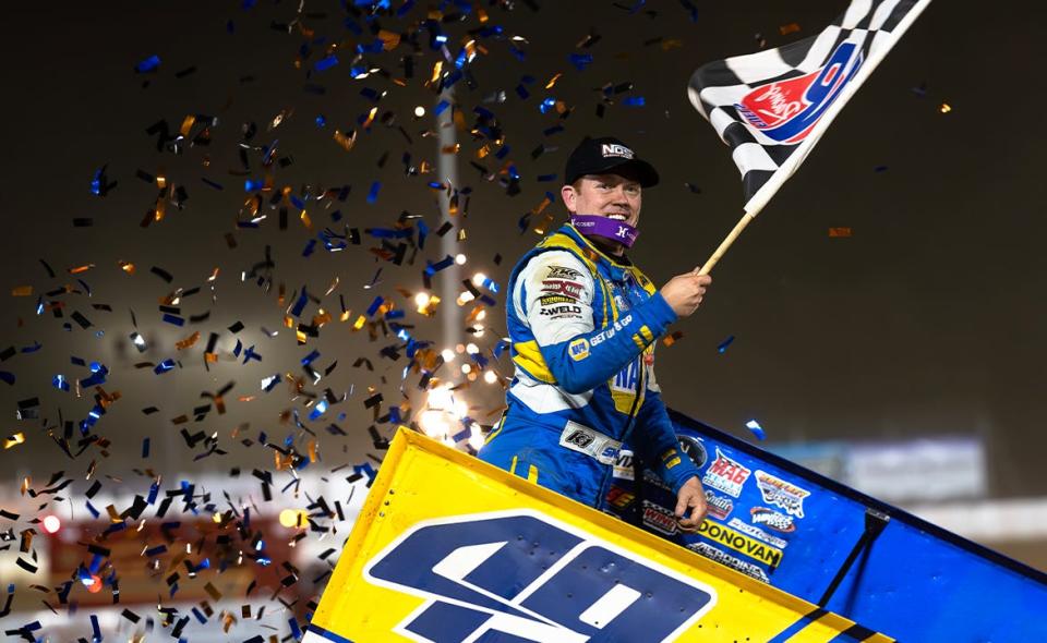 Brad Sweet celebrates his win at Atomic Speedway on May 26, 2023.