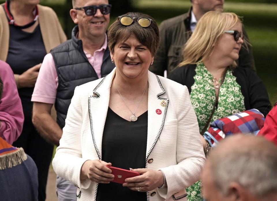 Former DUP leader Arlene Foster watches the Northern Ireland centenary parade from Stormont (Niall Carson/PA) (PA Wire)