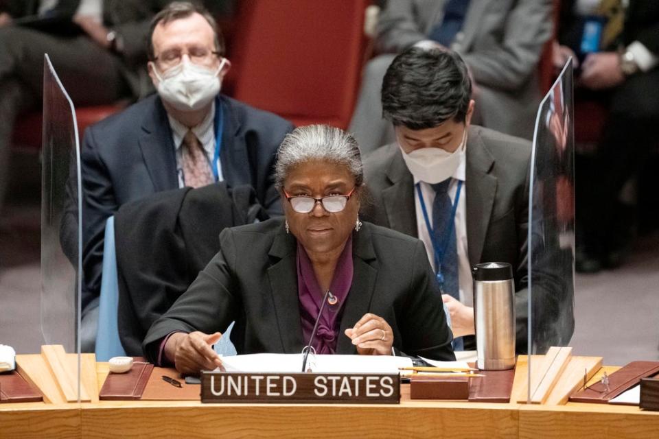 In this image provided by the United Nations, U.S. Ambassador to the United Nations Linda Thomas-Greenfield speaks during an emergency U.N. Security Council meeting on Ukraine, at the U.N. headquarters, Monday, Feb. 21, 2022. (Evan Schneider/United Nations via AP) (United Nations)