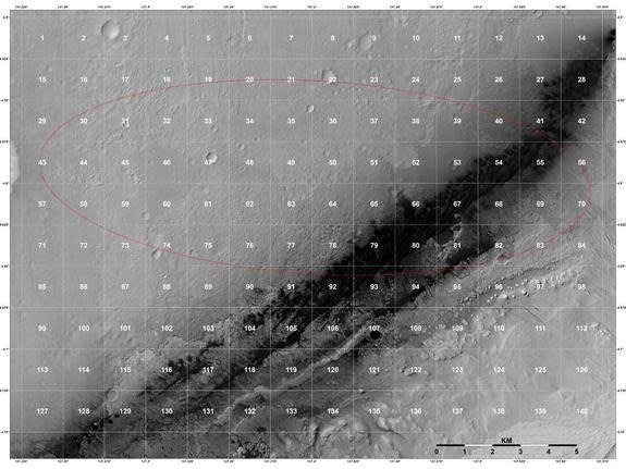 Before Curiosity landed on Mars, scientists divided its potential landing zone into 151 "quadrangles" measuring about 1 mile on a side. Curiosity landed on quadrangle 51, which is now known as Yellowknife.