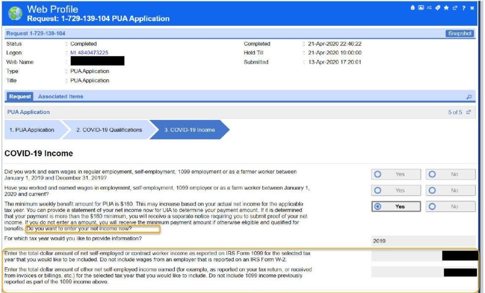 Michigan's Unemployment Insurance Agency attached a screenshot to a request for an amended order to an administrative law judge that shows two unanswered questions and the words "net income." Claimants say this is altered.