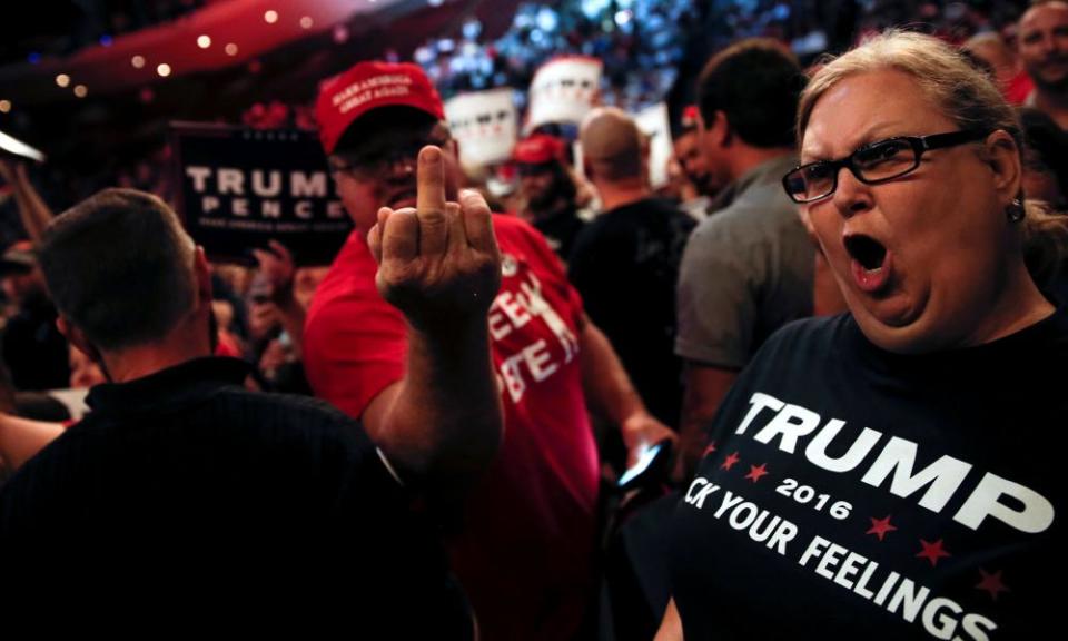 Supporters of Donald Trump scream and gesture at the media at a campaign rally in Cincinnati, in 2016.