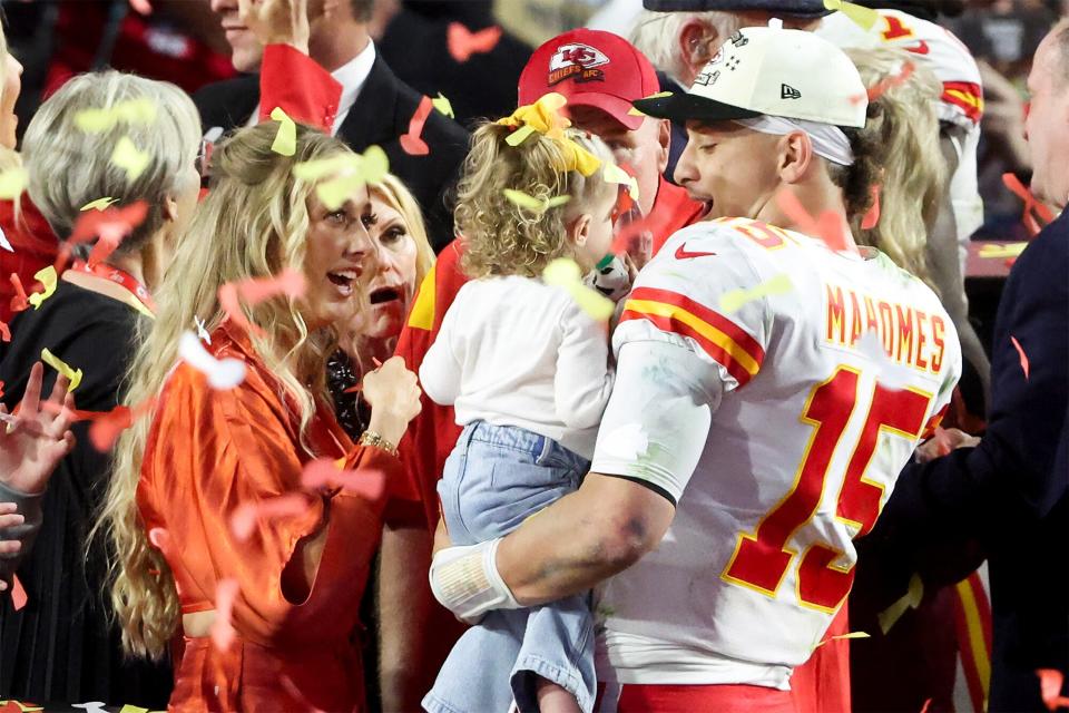 atrick Mahomes #15 of the Kansas City Chiefs celebrates with his wife Brittany Mahomes and daughter Sterling Skye Mahomes after the Kansas City Chiefs beat the Philadelphia Eagles in Super Bowl LVII at State Farm Stadium on February 12, 2023 in Glendale, Arizona.