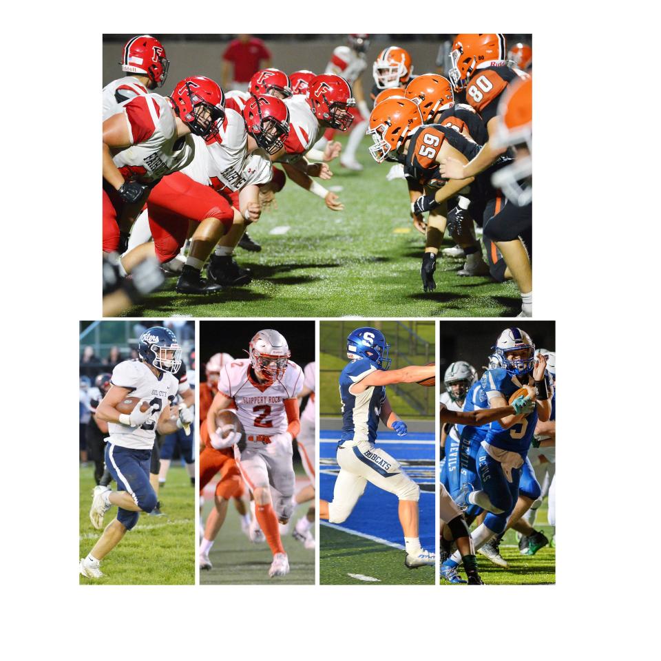 This is a composite image of football players from this past season, including some members of the 2022 Erie Times-News All-District 10 Small School Football Team. Pictured are, top row: Fairview's offensive line, left, facing Harbor Creek's defensive line; bottom row, from left: Oil City running back Ethen Knox picking up yardage against Northwestern; Slippery Rock receiver John Sabo returning a kickoff for a touchdown against General McLane; Seneca's Ryan Miller scoring against Conneaut; and Sharpsville's Caullin Summers rushing for a touchdown against Mercyhurst Prep.