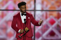 CORRECTS TO OFFENSIVE ROOKIE, NOT OFFENSIVE PLAYER - AP Offensive Rookie of the Year Arizona Cardinals' Kyler Murray speaks at the NFL Honors football award show Saturday, Feb. 1, 2020, in Miami. (AP Photo/David J. Phillip)