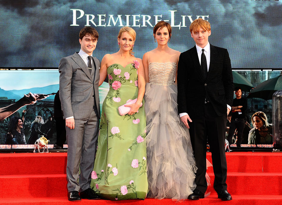 Daniel Radcliffe, JK Rowling, Emma Watson and Rupert Grint at the world premiere of Harry Potter And The Deathly Hallows: Part 2.   (Photo by Ian West/PA Images via Getty Images)