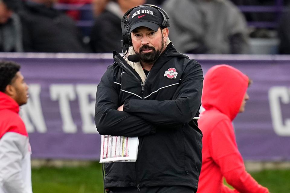 Nov 5, 2022; Evanston, Illinois, USA; Ohio State Buckeyes head coach Ryan Day watches during the second half of the NCAA football game against the Northwestern Wildcats at Ryan Field. Mandatory Credit: Adam Cairns-The Columbus Dispatch