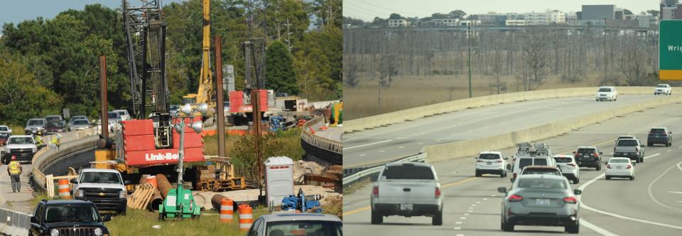 Construction crews work along the Brunswick River Bridge along U.S. 74/76 on Aug. 27, 2014 in Leland, and the same stretch today.