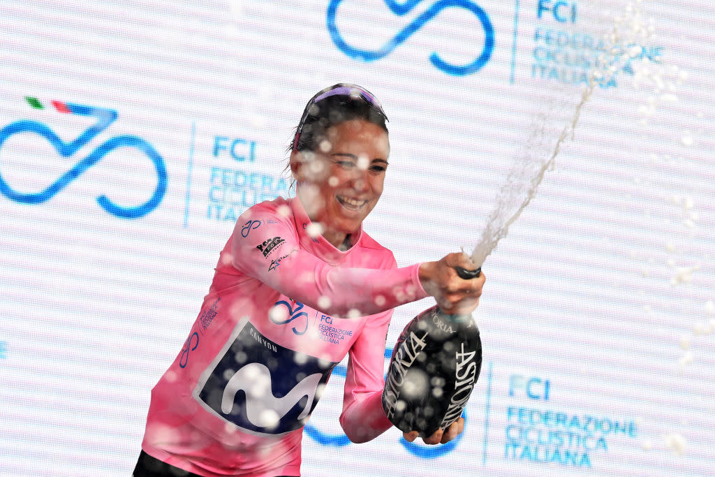  Annemiek van Vleuten (Movistar) celebrates taking the first leader's jersey of the Giro d'Italia Donne 2023 after winning stage 2 