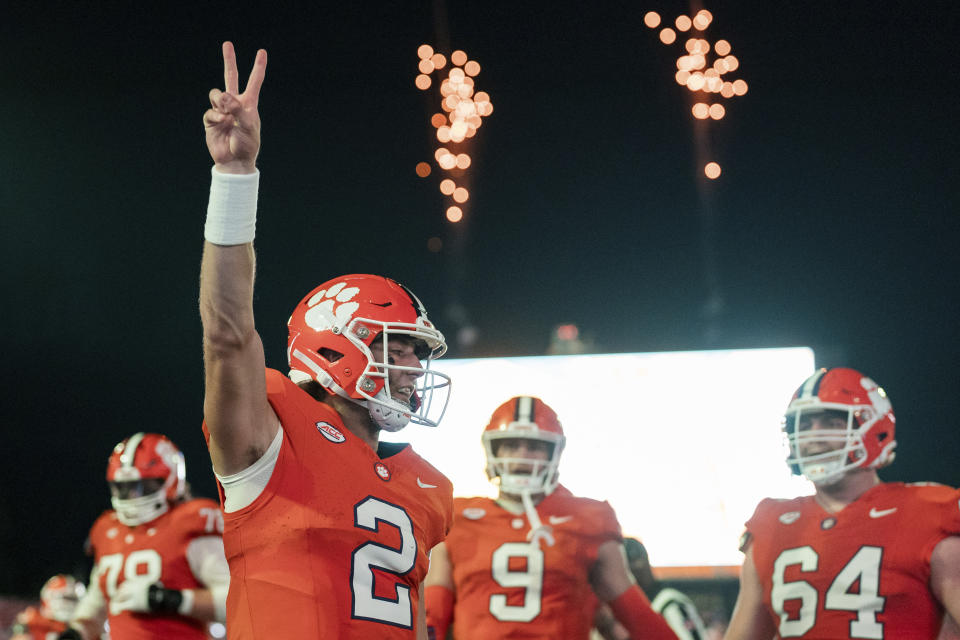 Clemson quarterback Cade Klubnik (2) celebrates his touchdown during the first half of an NCAA college football game against Appalachian State, Saturday, Sept. 7, 2024, in Clemson, S.C. (AP Photo/Jacob Kupferman)