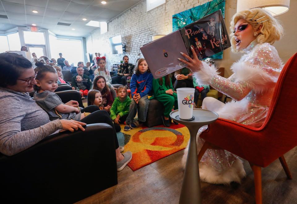 Lux reads from a book during the Drag Queen Story Hour at the GLO Center on Saturday, Feb. 1, 2020.