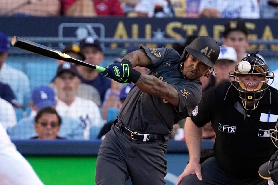 Jose Ramirez, of the Cleveland Guardians, connects for a single during the fourth inning of the MLB All-Star Game, Tuesday, July 19, 2022, in Los Angeles.