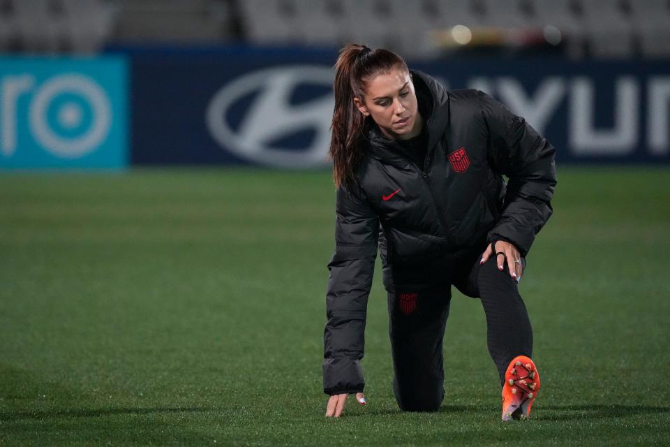 Alex Morgan warms up for team USA training at Lakeside Stadium ahead of the Women's World Cup Round of 16.