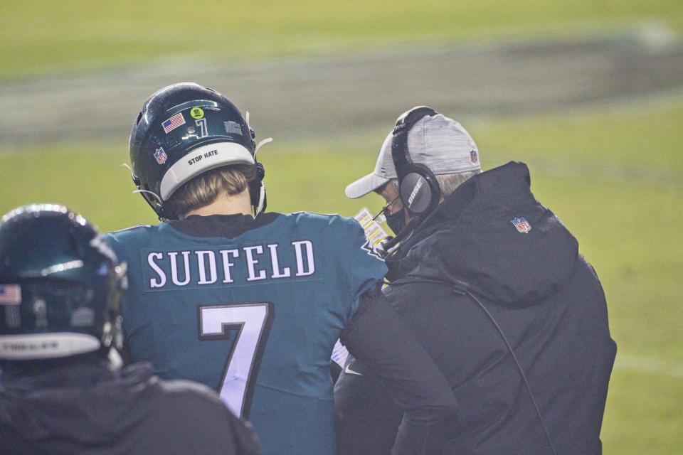 PHILADELPHIA, PA - JANUARY 03: Philadelphia Eagles quarterback Nate Sudfeld (7) discusses a play with Philadelphia Eagles head coach Doug Pederson during the game between the Washington Football Team and the Philadelphia Eagles on January 3, 2021 at Lincoln Financial Field in Philadelphia, PA. (Photo by Andy Lewis/Icon Sportswire via Getty Images)
