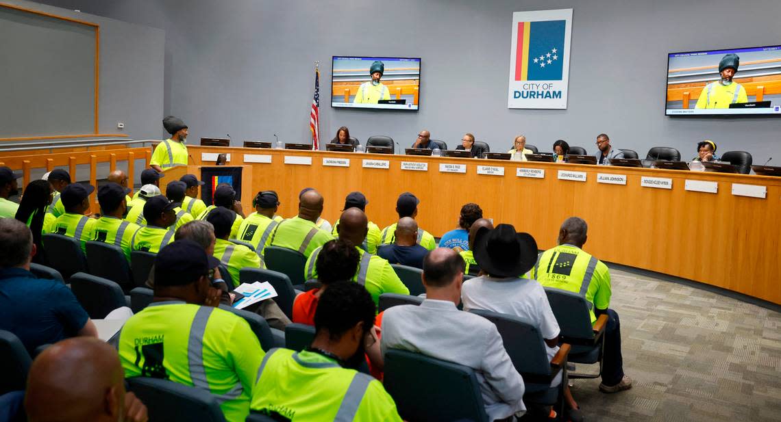 Sanitation worker Chris Benjamin speaks during a council work session at City Hall in Durham, N.C., Thursday, Sept. 7, 2023.