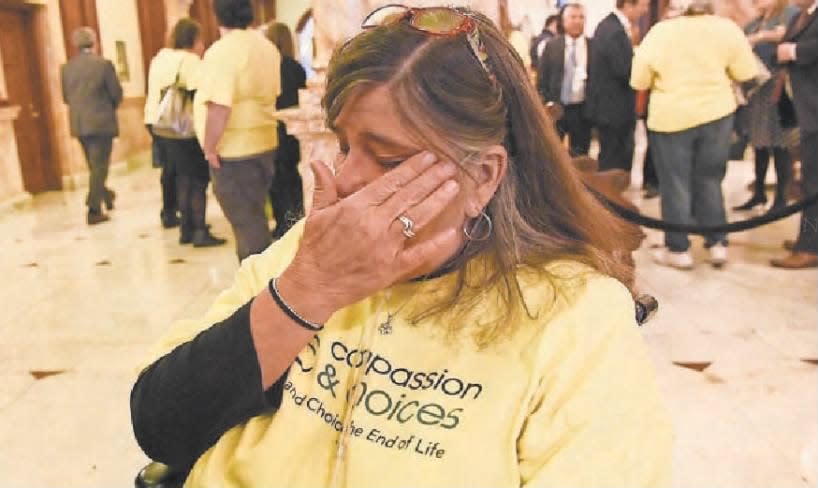 Susan Boyce of Rumson, who suffers from alpha-1 antitrypsin deficiency, is emotional after the state Legislature passed the Medical Aid in Dying for the Terminally Ill Act on Monday, March 25, 2019.
