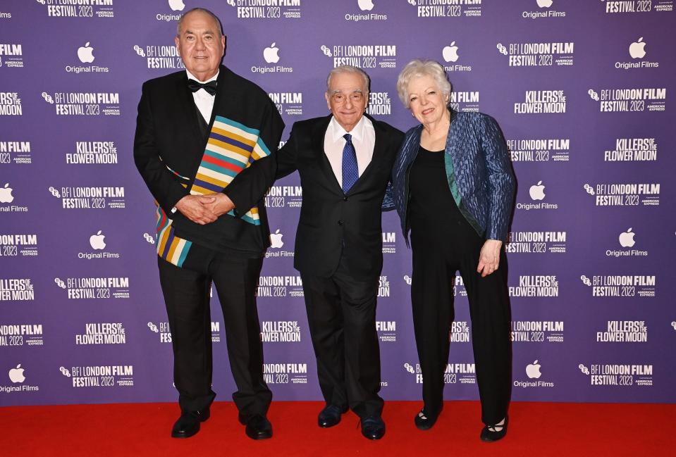 From left, Osage Nation Principal Chief Geoffrey Standing Bear, director Martin Scorsese and editor Thelma Schoonmaker attend the 67th BFI London Film Festival Headline Gala red carpet premiere of the Apple Original Film "Killers of the Flower Moon" at Royal Festival Hall on October 7, 2023 in London, England.