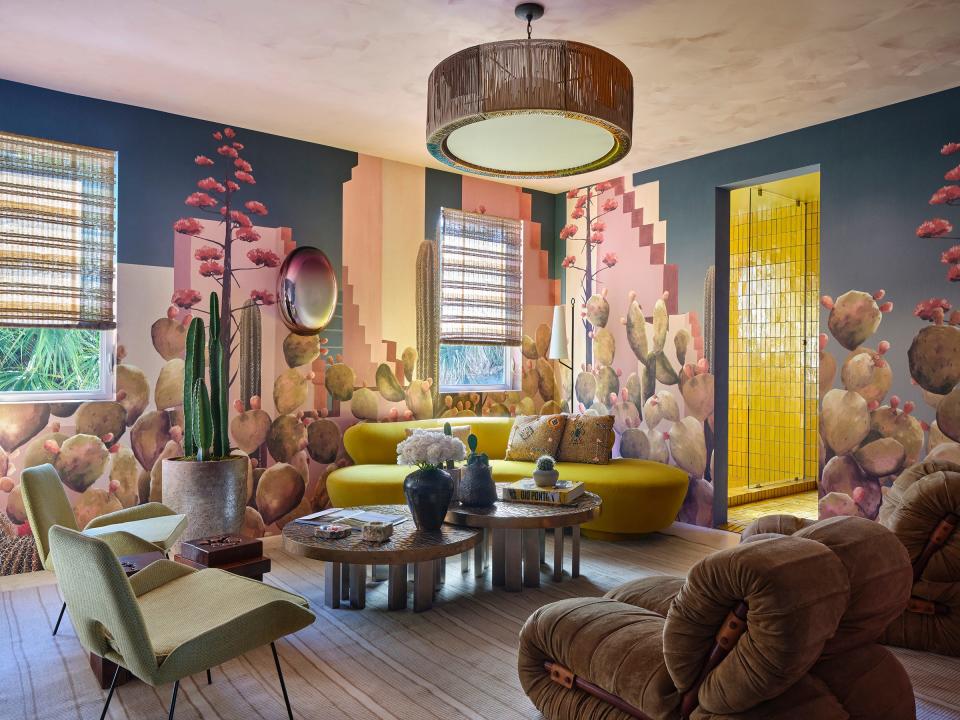 Designer Sara Story describes the colorful second-floor lounge she created for the Kips Bay Decorator Show House Palm beach as a "Mexico-meets-Brazil speakeasy."