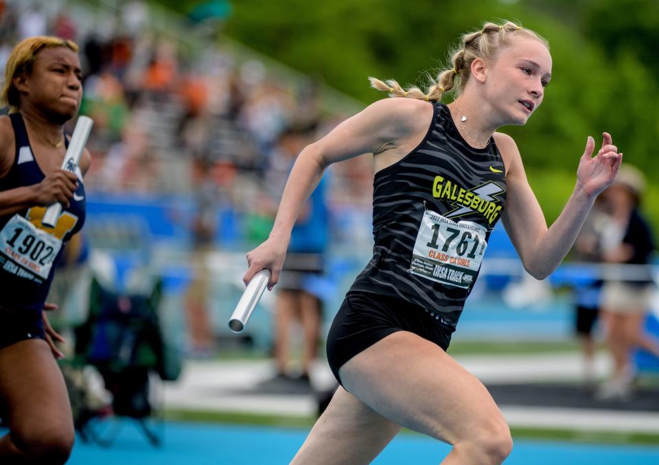 Galesburg's Emma Wilson sprints out of the blocks as the first leg of her 4X100-meter relay team during the Class 2A State Track and Field Championships on Saturday, May 21, 2022 at Eastern Illinois University. Galesburg finished ninth in the event.