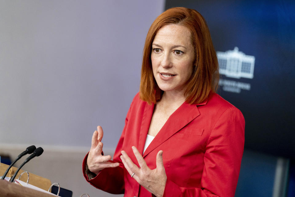 White House press secretary Jen Psaki speaks during a press briefing at the White House, Thursday, March 11, 2021, in Washington. (AP Photo/Andrew Harnik)