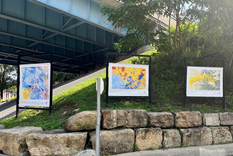Cleveland-based screen printer and muralist April Bleakney work is showcased along the Haymaker and Franklin Avenue path. The piece is part of part of a new public art installation placed by Main Street Kent.