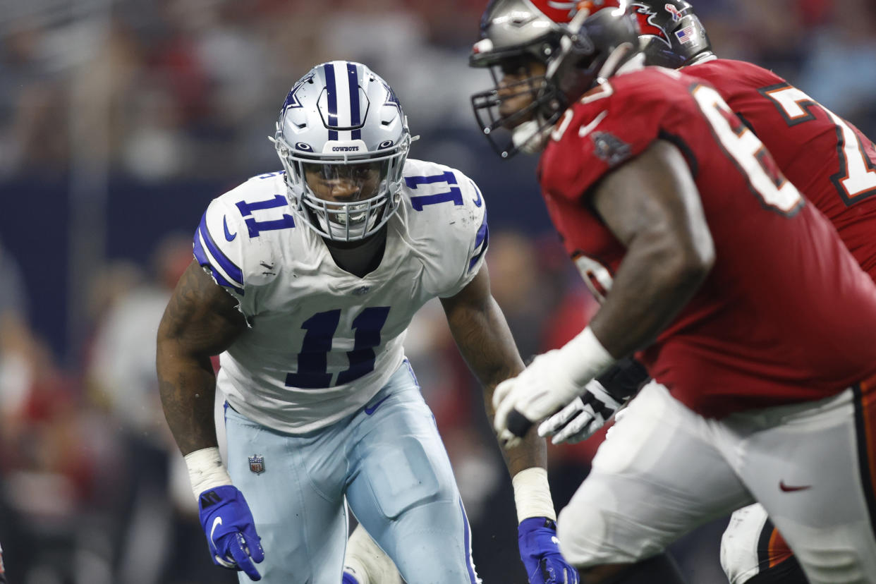 Sep 11, 2022; Arlington, Texas, USA; Dallas Cowboys linebacker Micah Parsons (11) in game action during the fourth quarter against the Tampa Bay Buccaneers at AT&T Stadium. Mandatory Credit: Tim Heitman-USA TODAY Sports