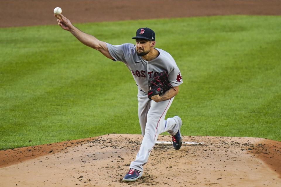 Boston Red Sox's Nathan Eovaldi delivers a pitch during the first inning of a baseball game against the New York Yankees Saturday, Aug. 15, 2020, in New York. (AP Photo/Frank Franklin II)