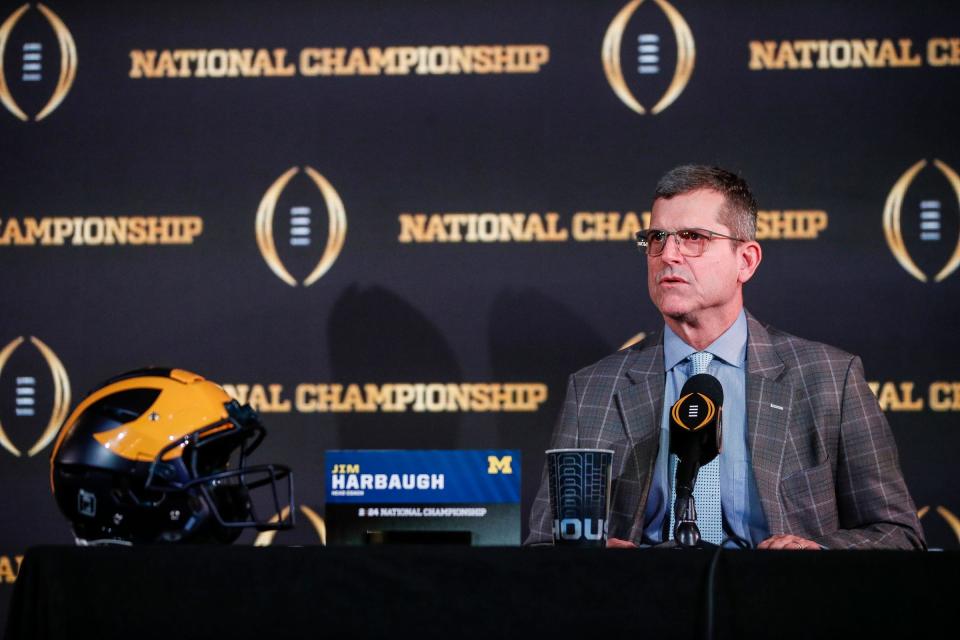 Michigan coach Jim Harbaugh speaks during CFP national championship coaches news conference at Liberty Hall in Houston on Sunday, Jan. 7, 2024.