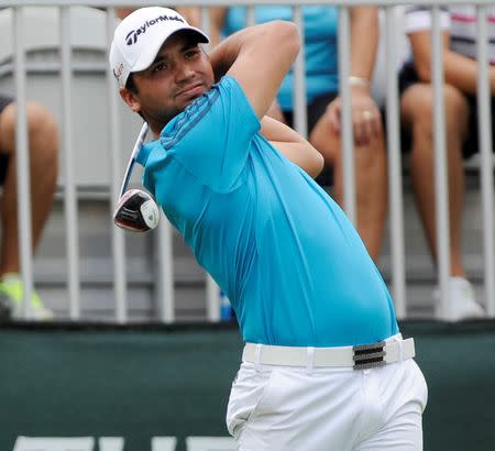 Aug 29, 2015; Edison, NJ, USA; Jason Day tees off at the first hole during the third round of The Barclays at Plainfield Country Club. Eric Sucar-USA TODAY Sports