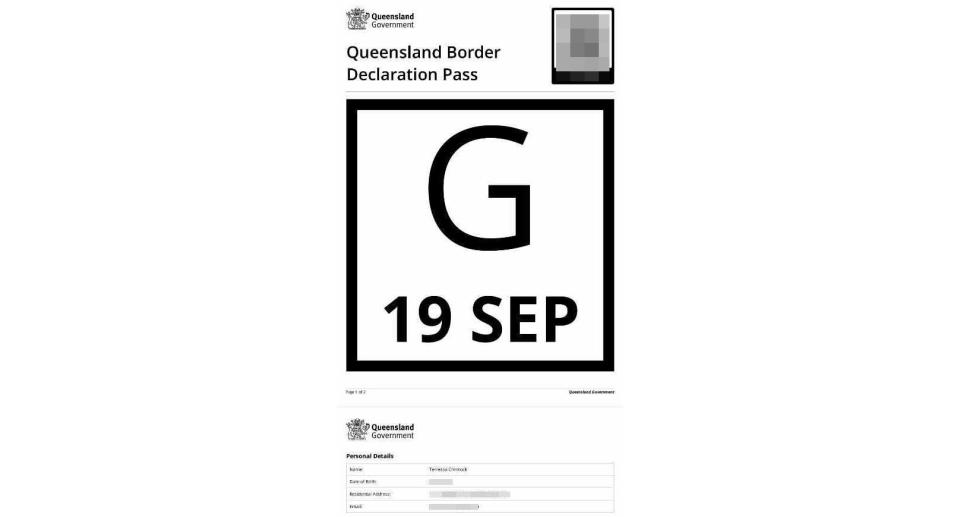 A screenshot of the border pass which police deemed invalid. Source: Supplied