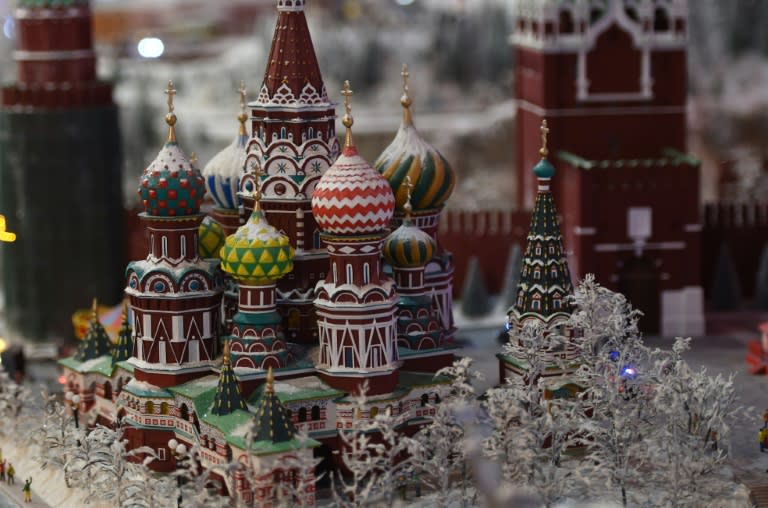 A miniature model of St. Basil's Cathedral on Red Square in Moscow, part of Gulliver’s Gate, a miniature world being recreated in a 49,000-square-foot exhibit space in Times Square, is seen during a preview April 10, 2017 in New York City