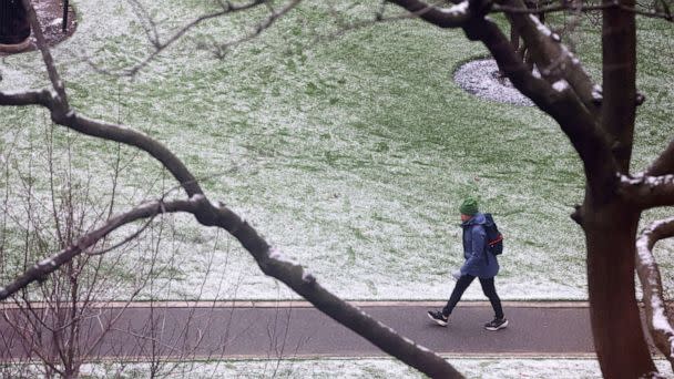 PHOTO: A person walks through a park following the first measurable snowfall of the season, breaking a 50 year record, in New York City, Feb. 01, 2023. (Andrew Kelly/Reuters)