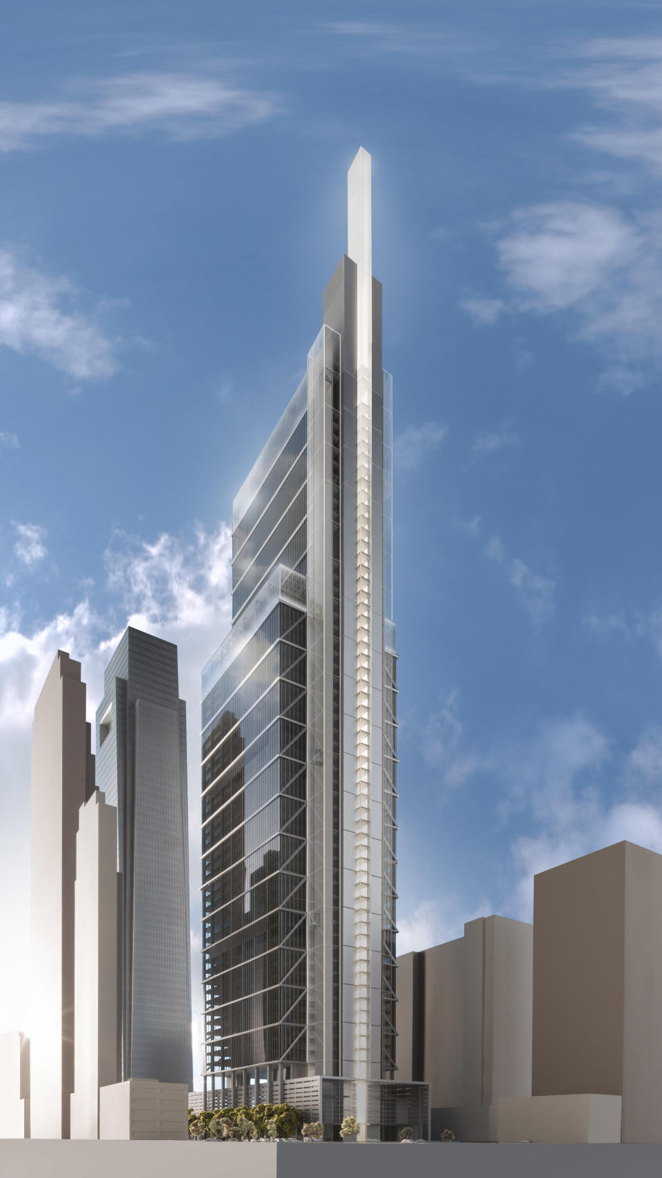 This artist rendering provided by Comcast Corp. on Wednesday, Jan. 15, 2014, shows their planned new skyscraper. The Philadelphia-based company said it plans to build a $1.2 billion, 59-story technology center that will rise 1,121 feet next to the existing Comcast Center, which stands 975 feet tall and opened in June 2008. (AP Photo/Comcast Corp.)