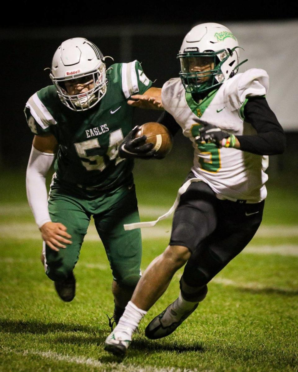 Johnny Peschong pursues Valentino Boozer. Templeton beat Roosevelt 27-14 on Nov. 4, 2022, in a first-round playoff football game.