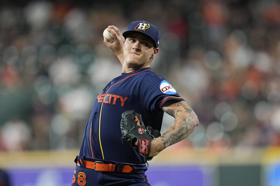 Houston Astros starting pitcher Hunter Brown throws against the New York Mets during the first inning of a baseball game Monday, June 19, 2023, in Houston. (AP Photo/David J. Phillip)