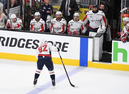 May 30, 2018; Las Vegas, NV, USA; Washington Capitals center Evgeny Kuznetsov (92) skates to the bench after suffering an apparent injury against the Vegas Golden Knights in the first period in game two of the 2018 Stanley Cup Final at T-Mobile Arena. Mandatory Credit: Stephen R. Sylvanie-USA TODAY Sports