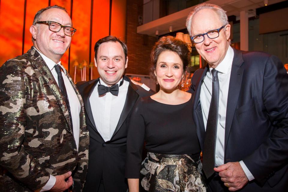 Andrew J. Martin-Weber (gala co-chair), Paul Appleby, Erin Morley, and John Lithgow (cast members)